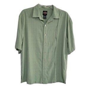 Harley Davidson Shirt Men M Green Silk Hawaiian Camp Button Up Embroidery Shirt